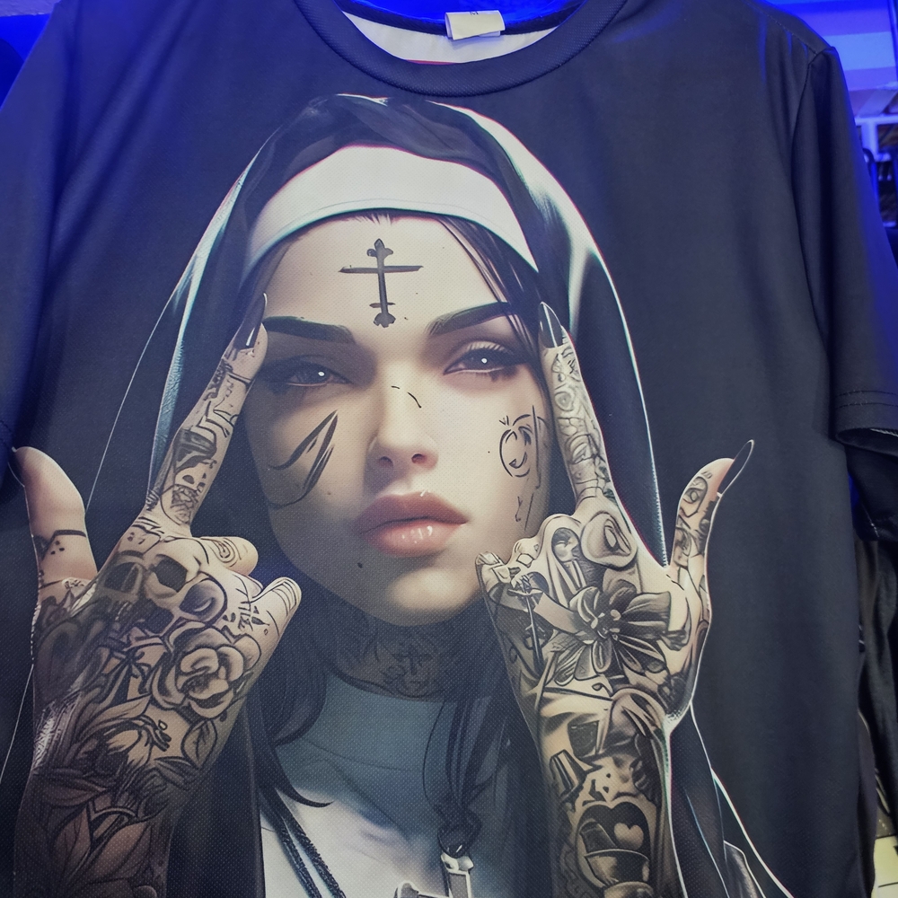 Graphic T-Shirt with Tattooed Nun Design MENS SZ. MED.